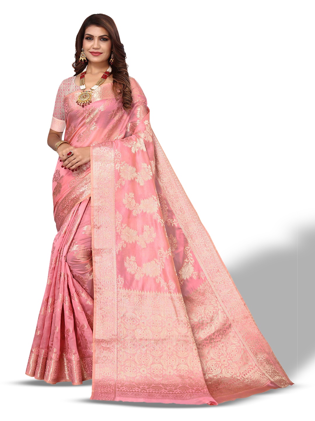 

AADVIKA Floral Woven Design Zari Kanjeevaram Saree, Pink