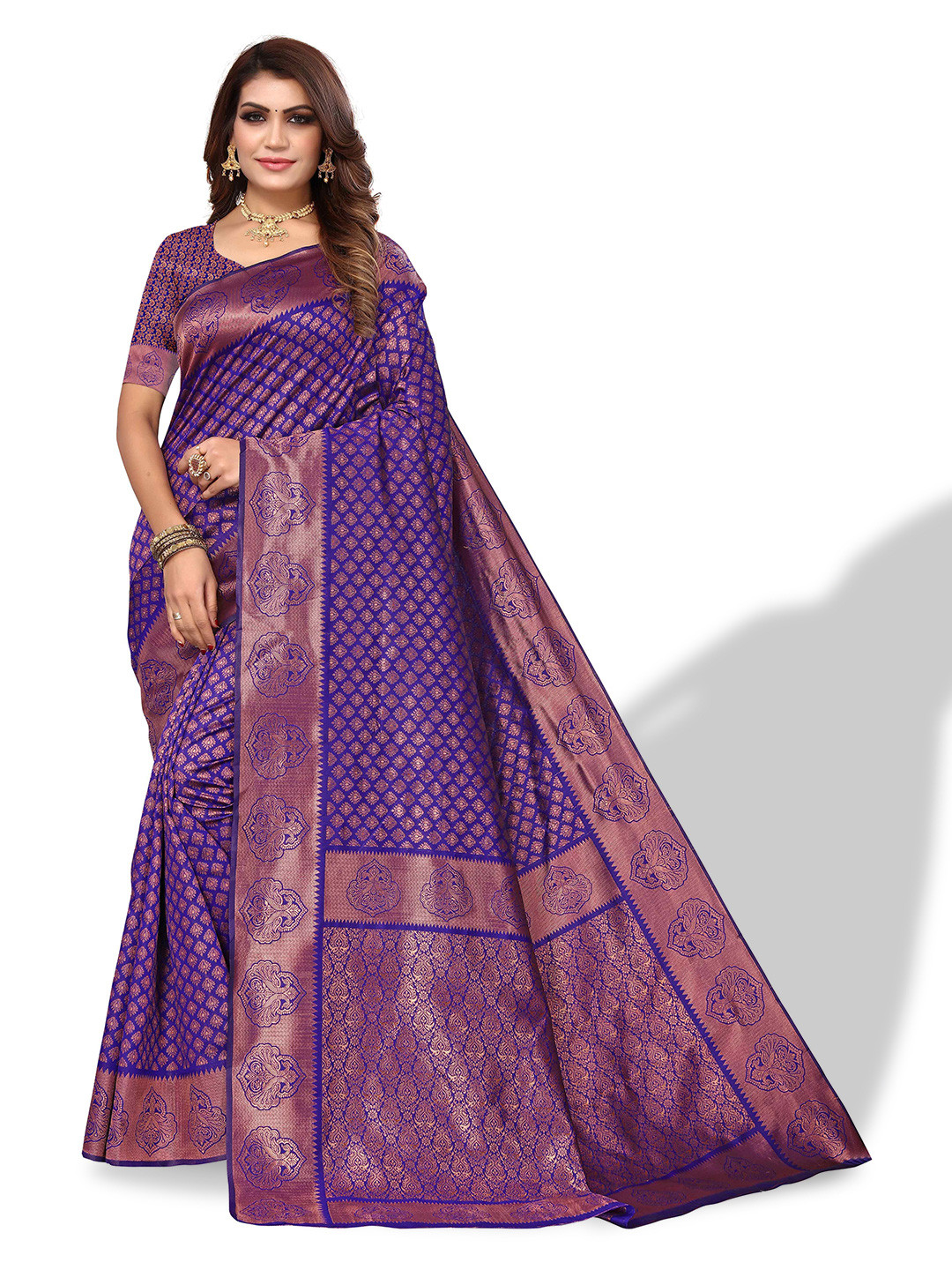 

AADVIKA Ethnic Motif Woven Design Zari Kanjeevaram Saree, Purple