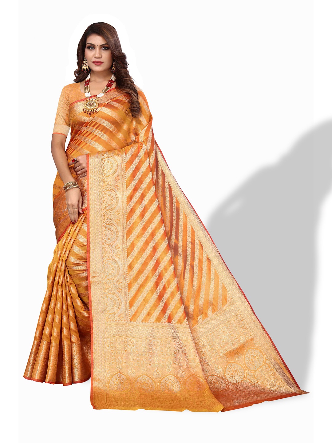 

AADVIKA Floral Woven Design Zari Kanjeevaram Saree, Yellow