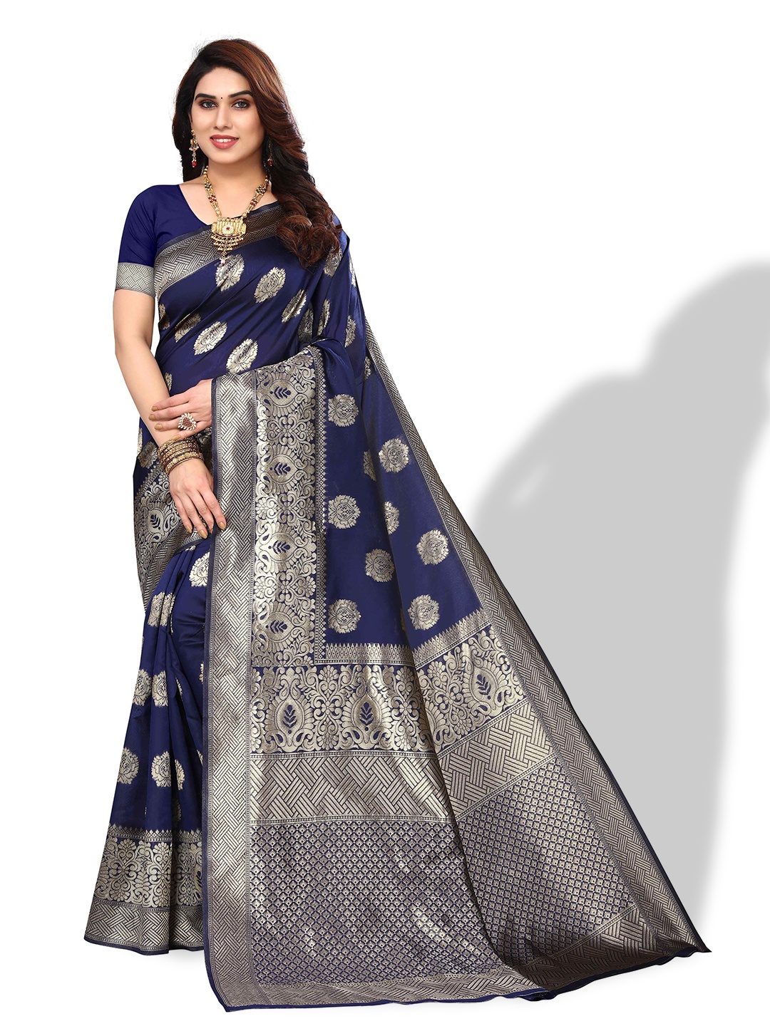 

AADVIKA Ethnic Motif Woven Design Zari Kanjeevaram Saree, Blue