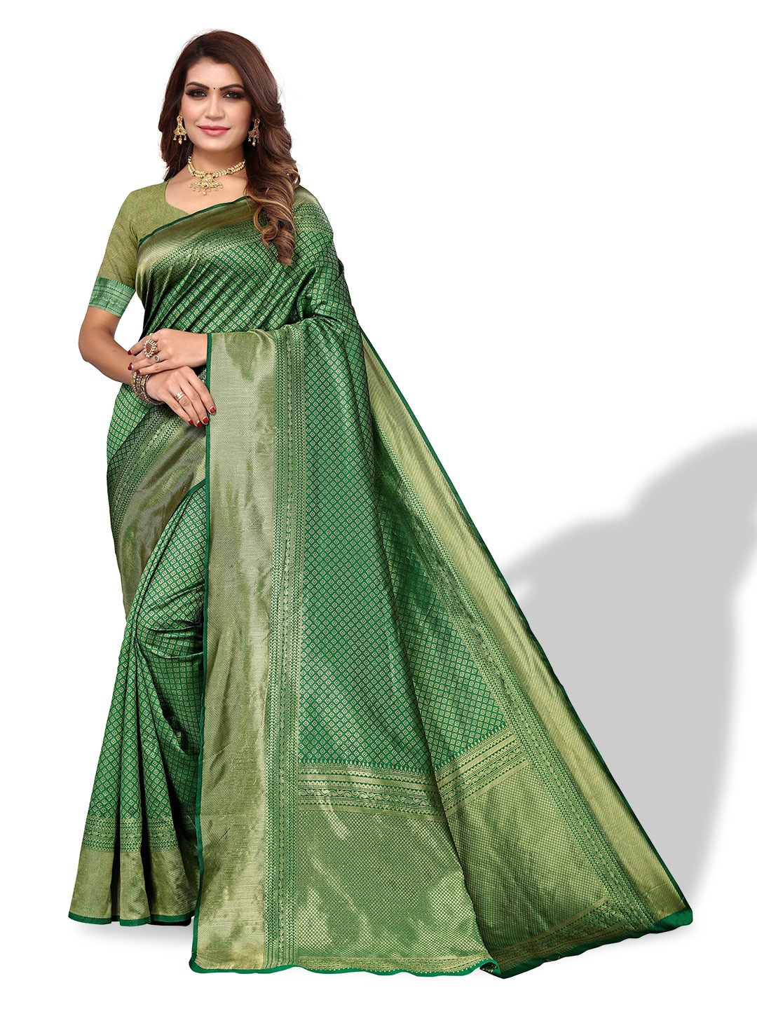 

AADVIKA Ethnic Motif Woven Design Zari Kanjeevaram Saree, Green