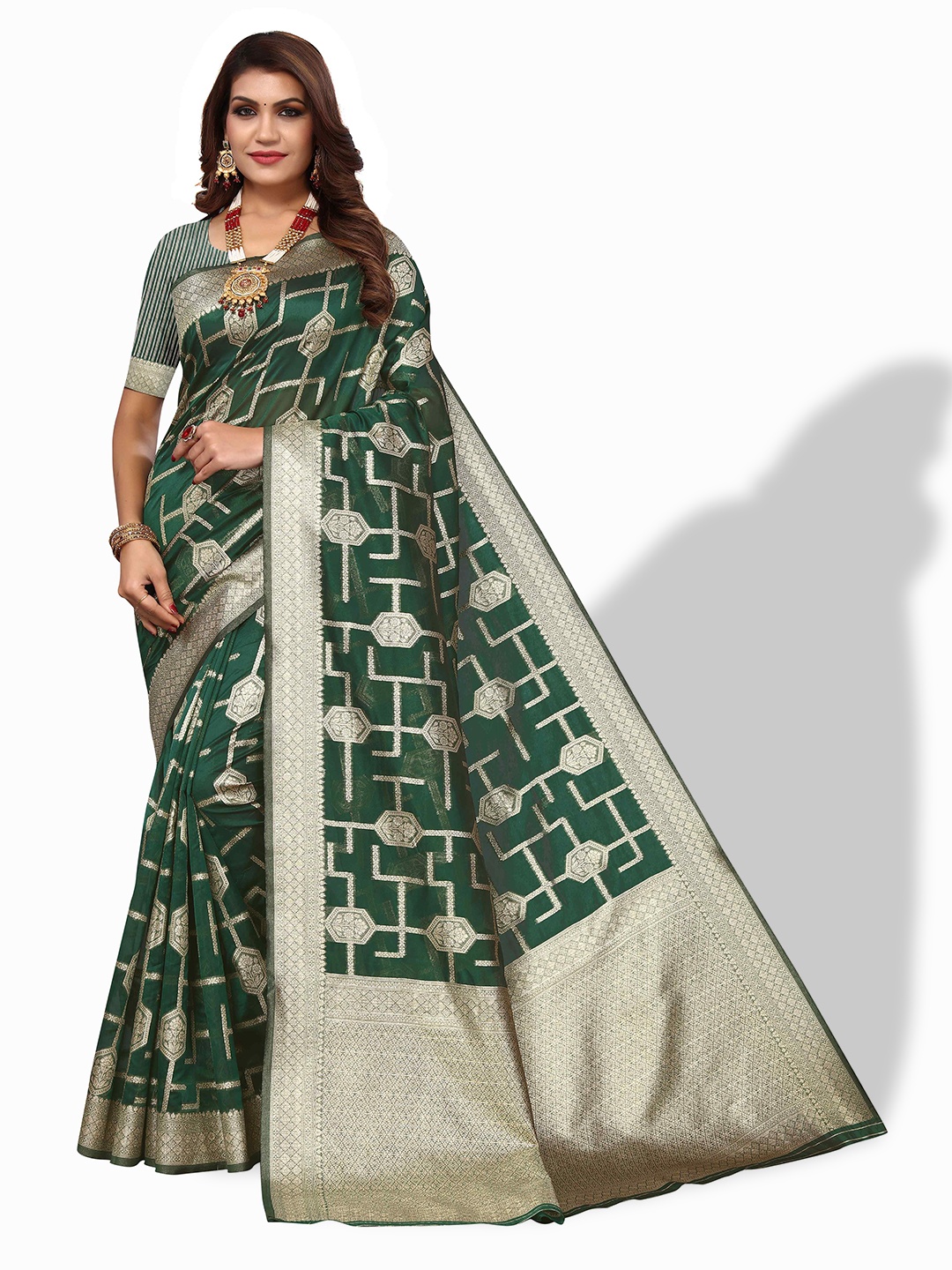 

AADVIKA Ethnic Motif Woven Design Zari Kanjeevaram Saree, Green