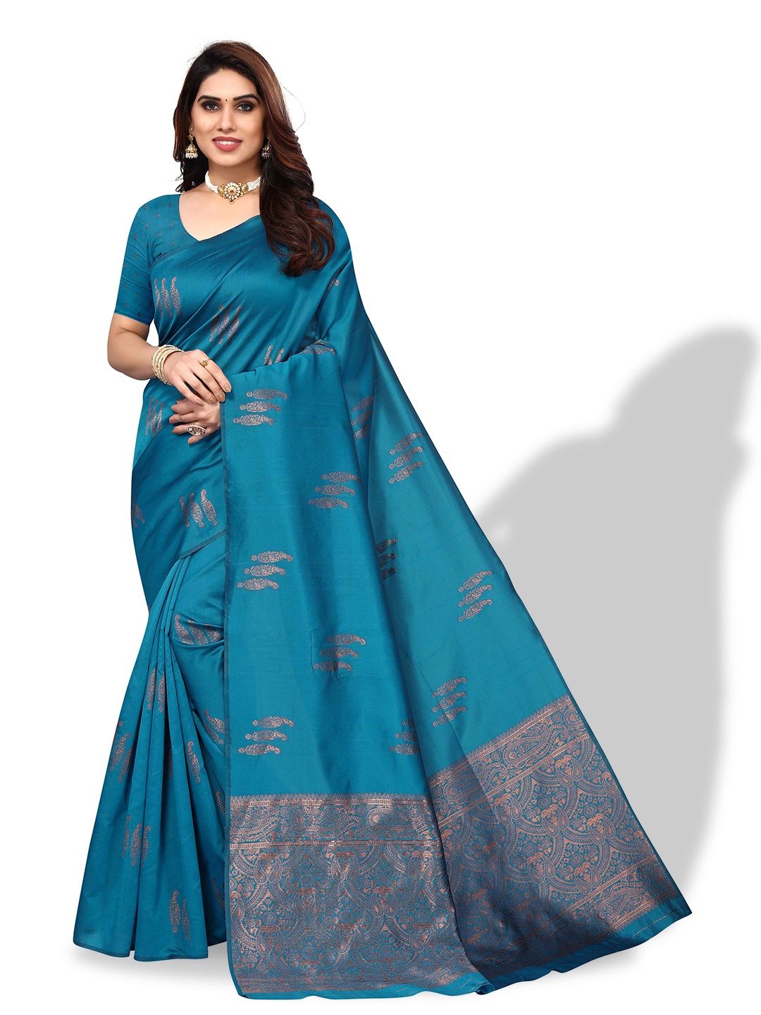 

AADVIKA Ethnic Motif Woven Design Zari Kanjeevaram Saree, Blue