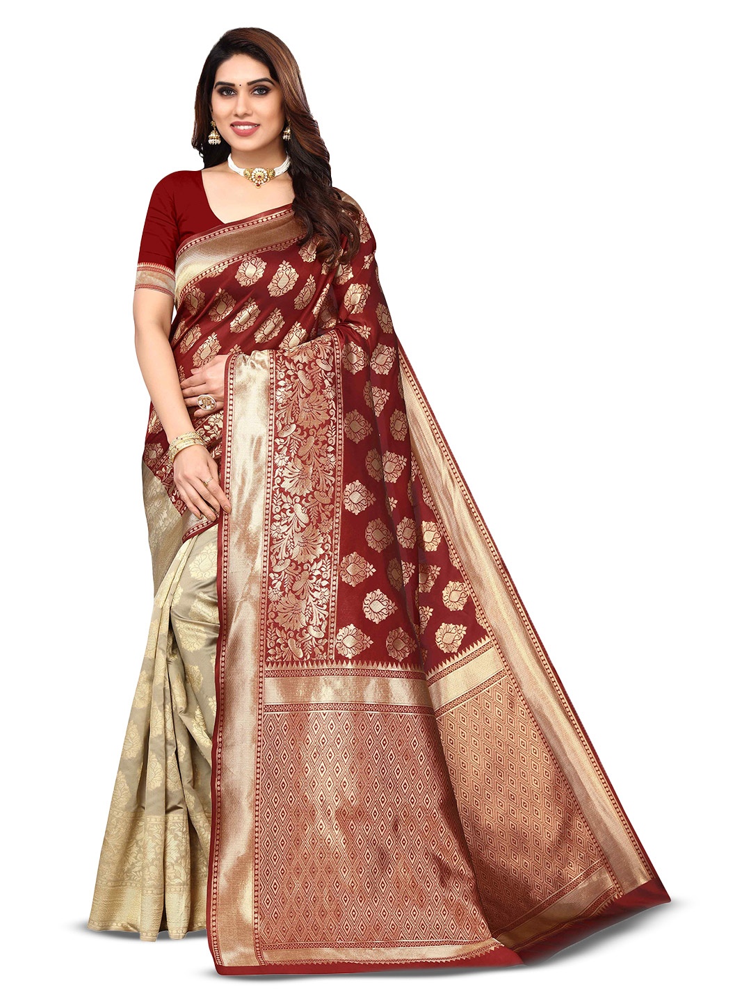 

AADVIKA Floral Woven Design Zari Kanjeevaram Saree, Maroon