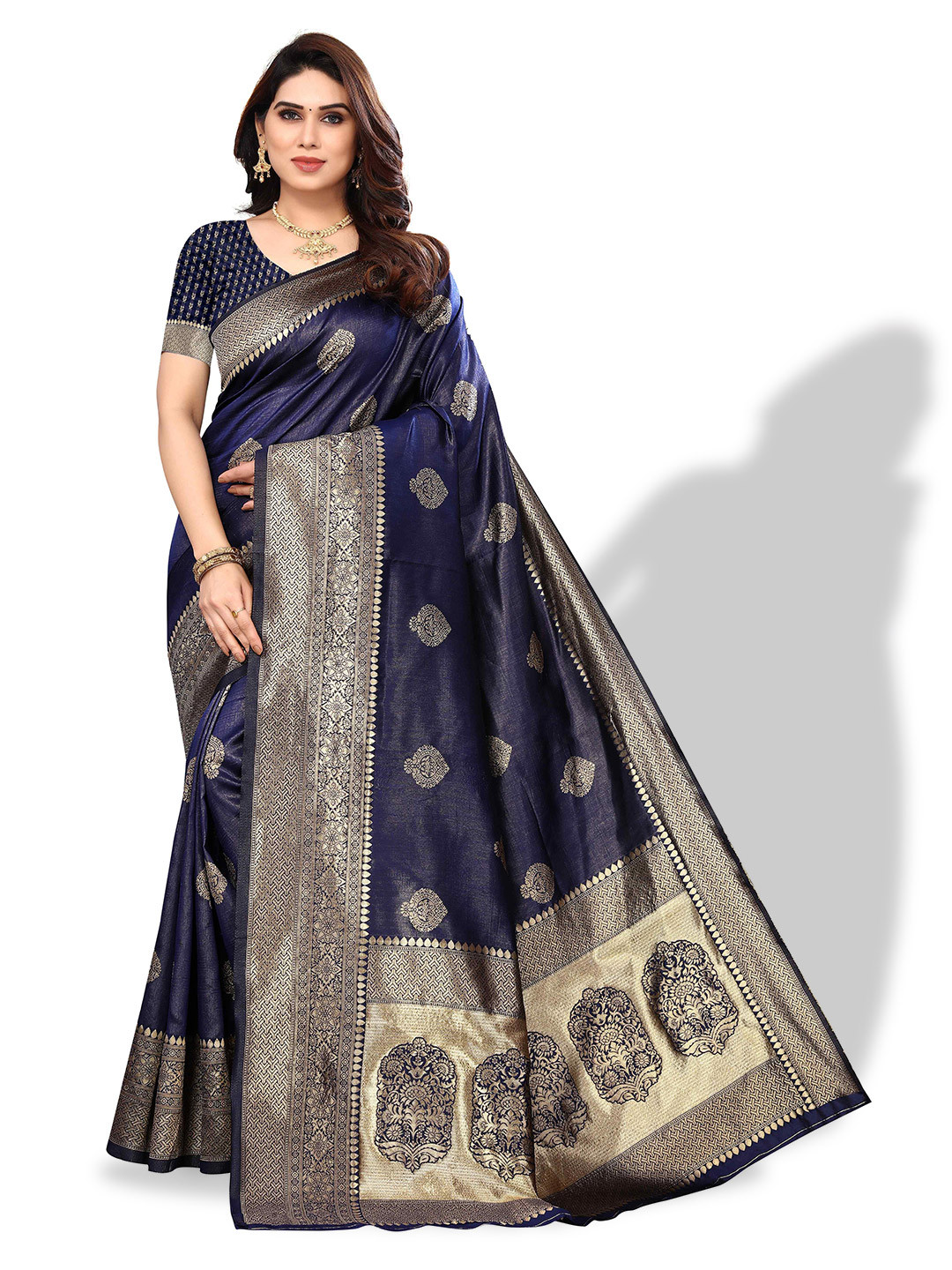 

AADVIKA Ethnnic Motif Woven Design Zari Kanjeevaram Saree, Blue