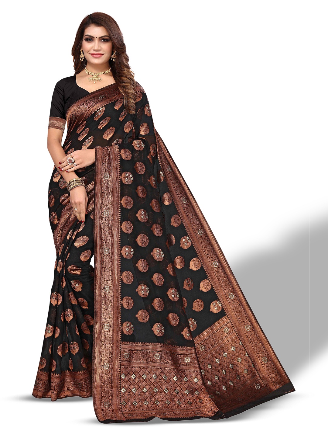 

AADVIKA Floral Woven Design Zari Kanjeevaram Saree, Black