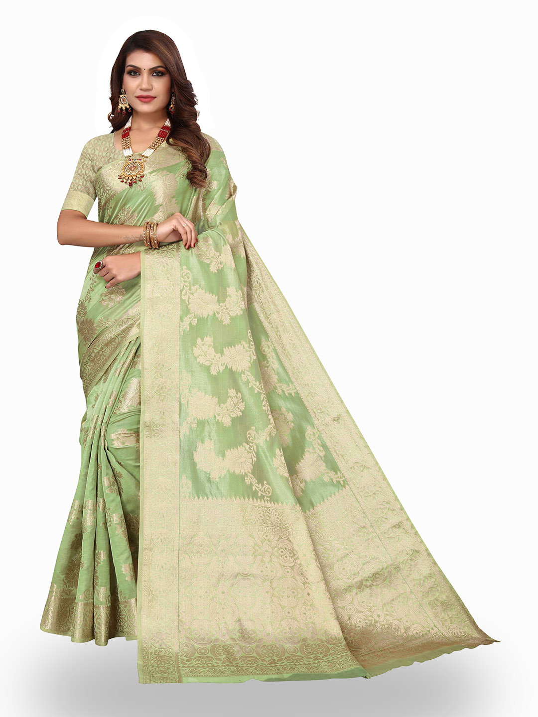 

AADVIKA Floral Woven Design Zari Kanjeevaram Saree, Green