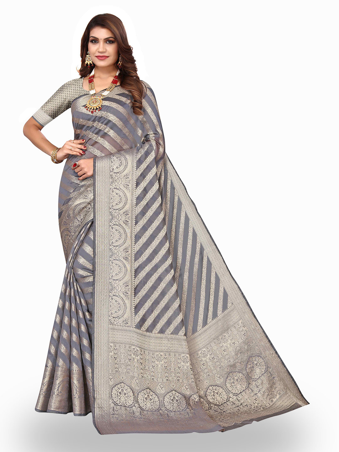 

AADVIKA Woven Design Zari Kanjeevaram Saree, Grey