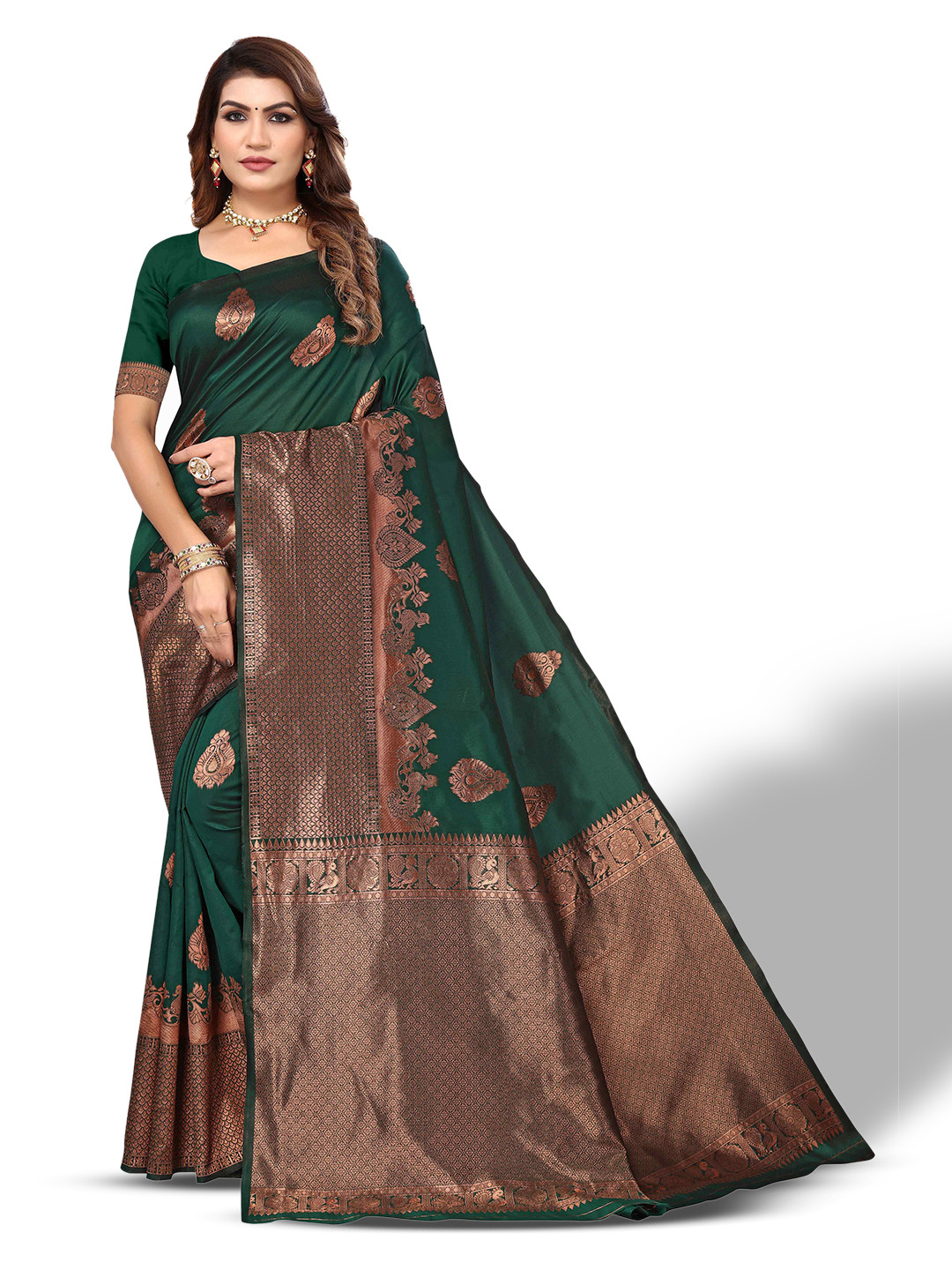 

AADVIKA Ethnic Woven Design Zari Kanjeevaram Saree, Green