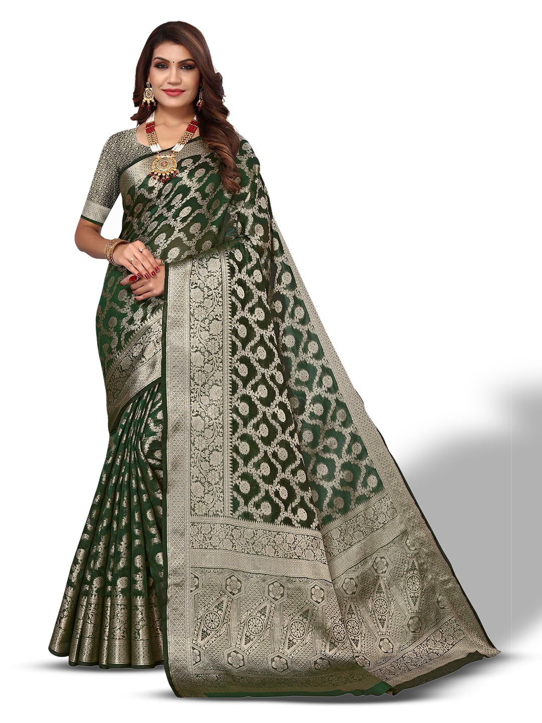 

AADVIKA Ethnic Woven Design Zari Organza Kanjeevaram Saree, Green