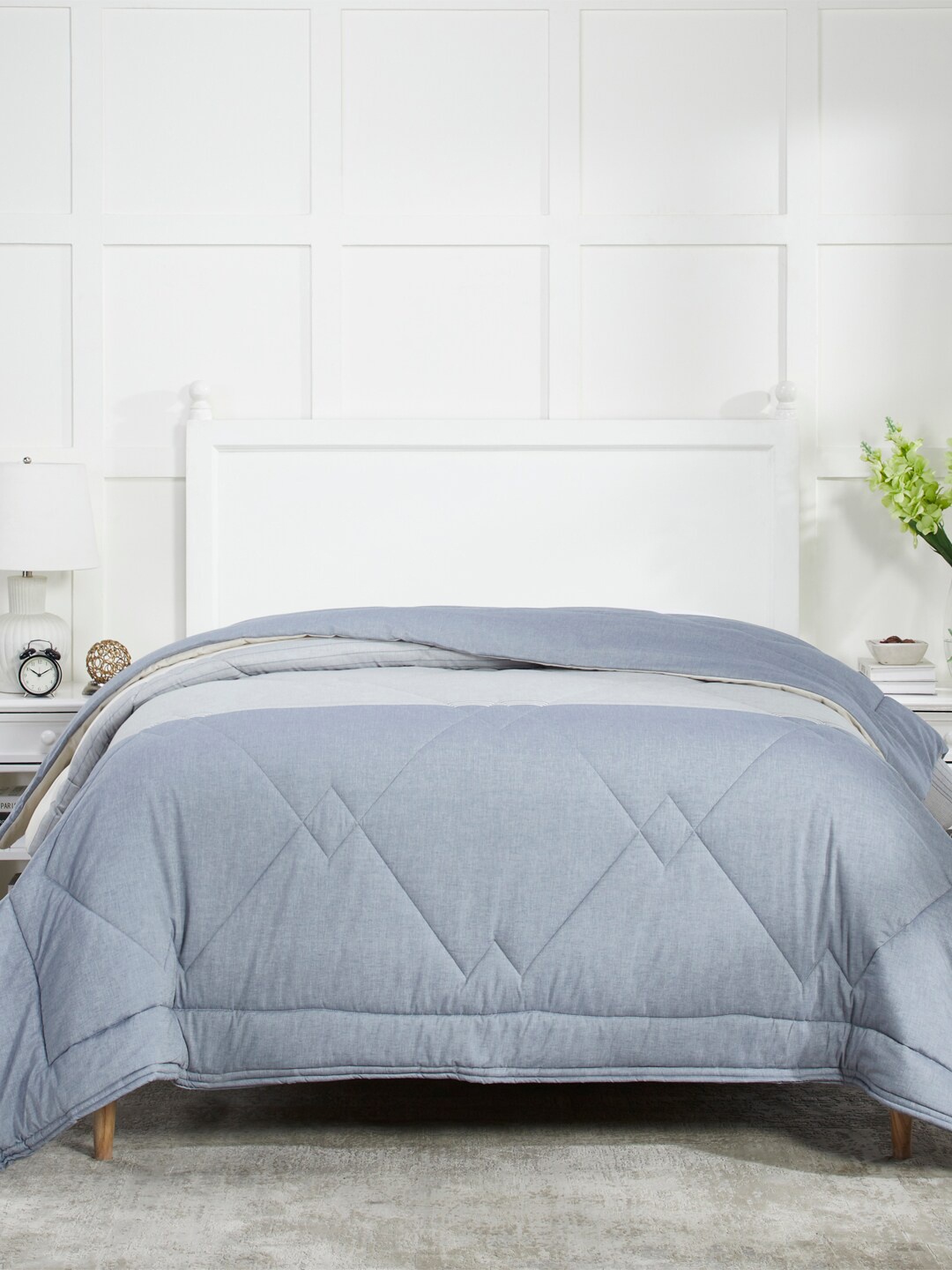 

MYTRIDENT Grey Striped Mild Winter 120 GSM Double Bed Comforter