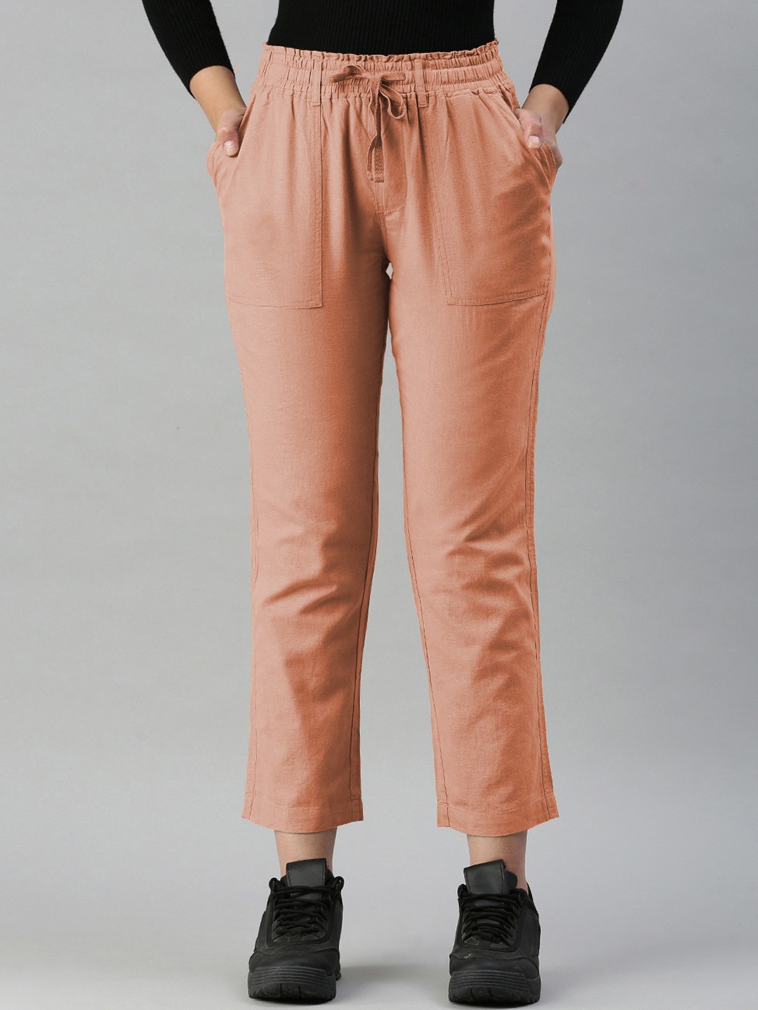 

IVOC Women Regular Fit Mid-Rise Casual Linen Trousers, Peach