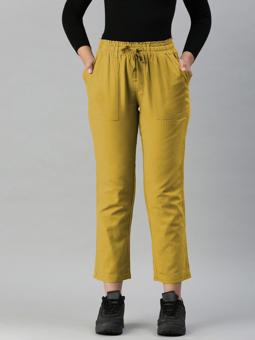 

IVOC Women Regular Fit Mid-Rise Casual Linen Trousers, Mustard