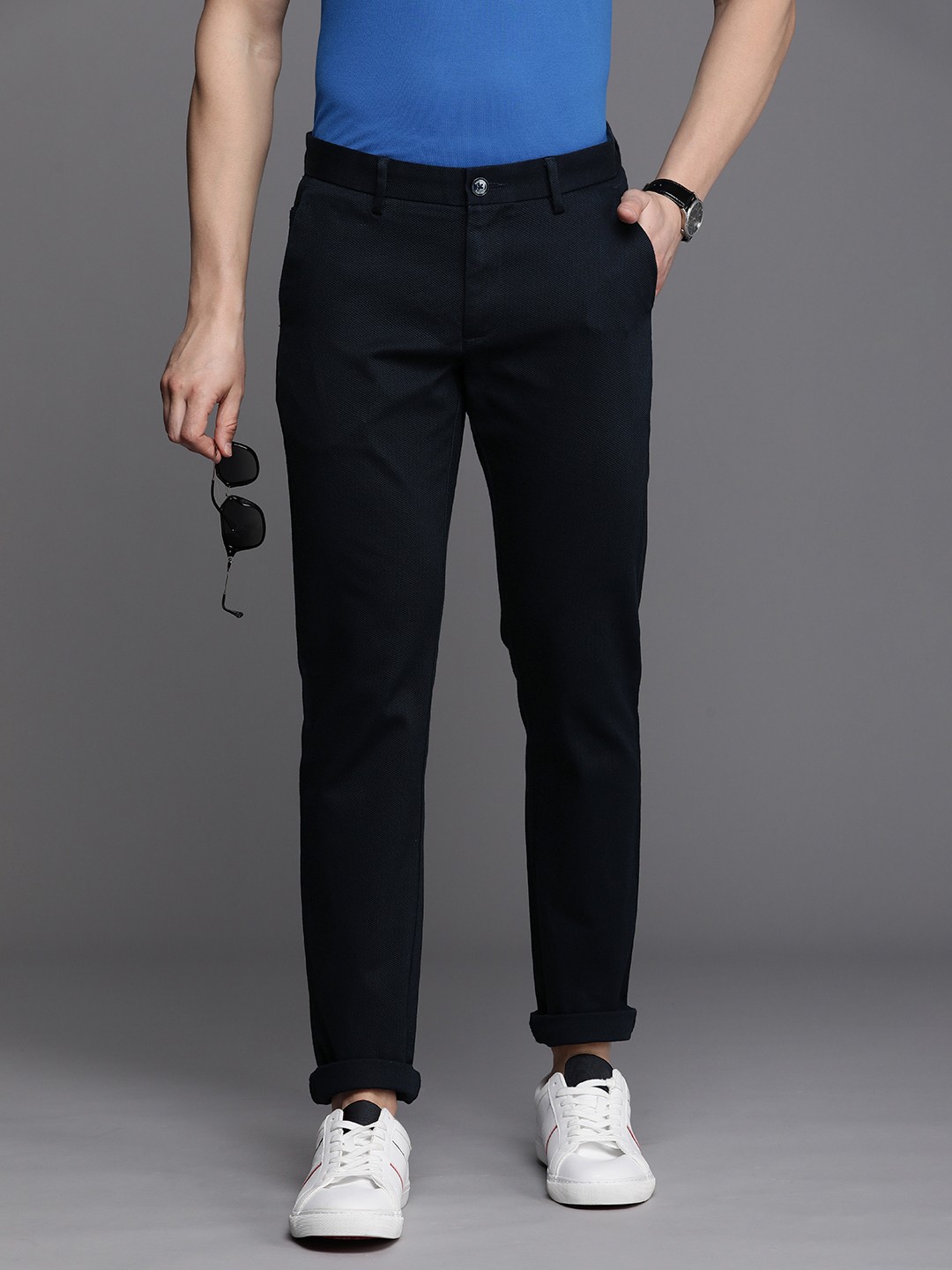 

Allen Solly Men Textured Slim Fit Chinos Trousers, Navy blue