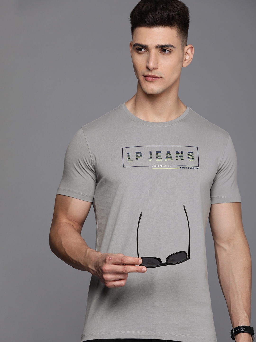 

Louis Philippe Jeans Men Typography Printed Pure Cotton Slim Fit T-shirt, Grey