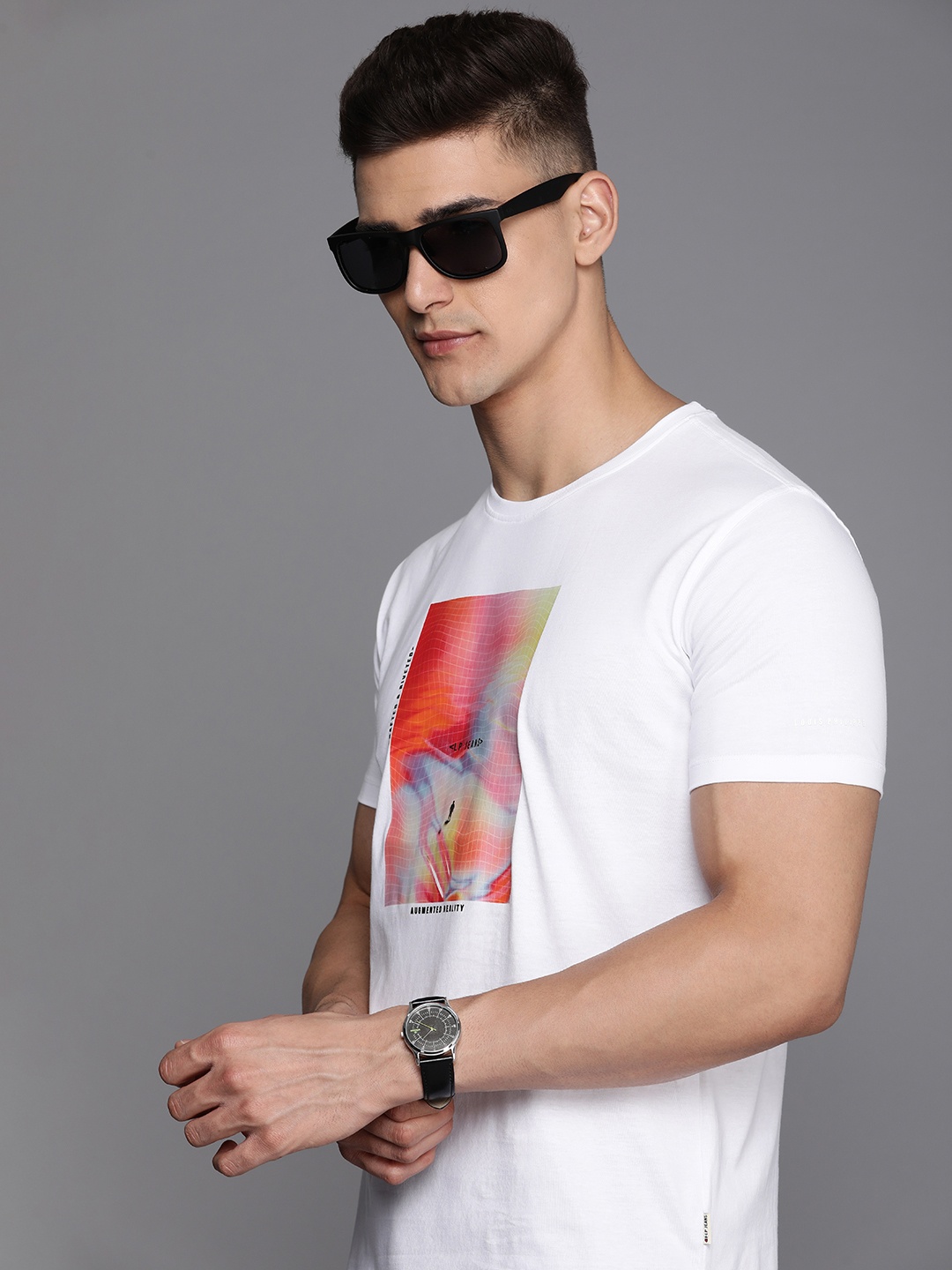 

Louis Philippe Jeans Men White Printed Pure Cotton Slim Fit T-shirt