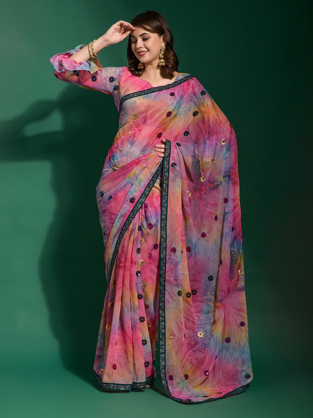 

elora Tie and Dye Sequinned Georgette Bhagalpuri Saree, Pink