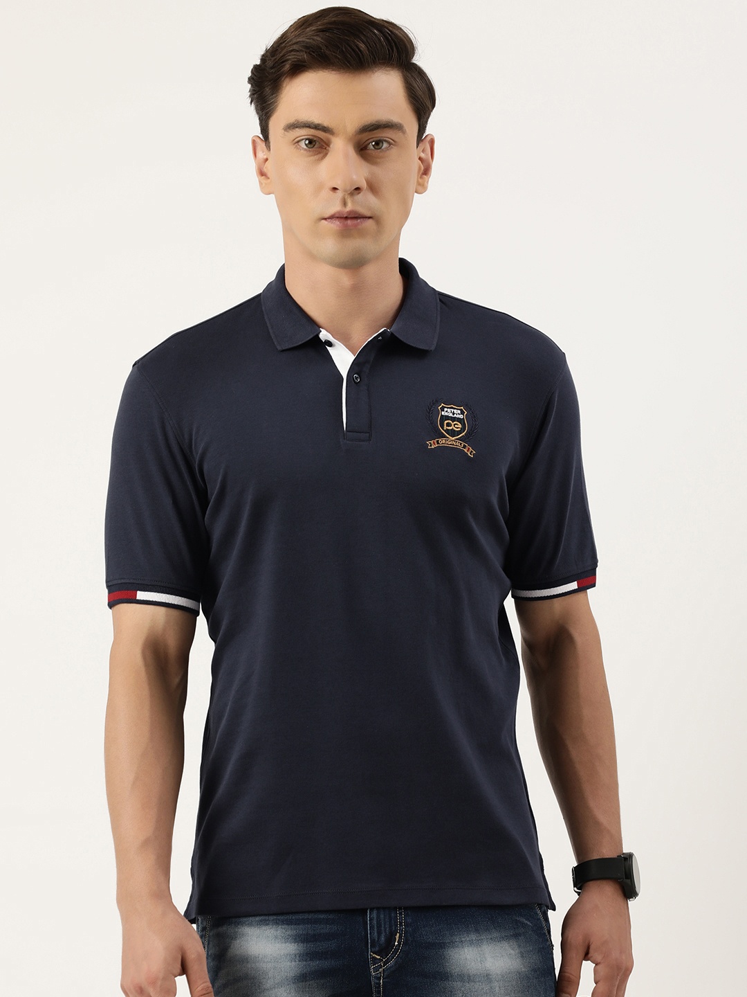 

Peter England Elite Men Pure Cotton Polo Collar T-shirt, Navy blue