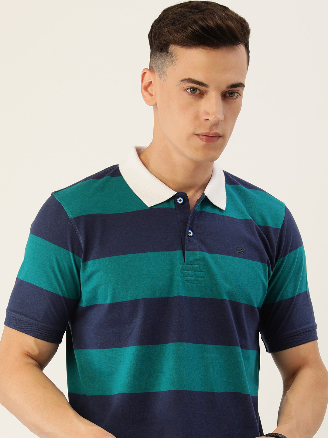 

Peter England Men Striped Polo Collar T-shirt, Teal