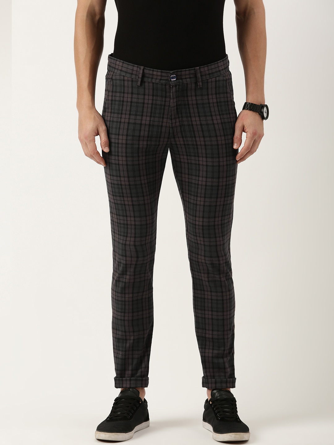 

Peter England Checked Slim Fit Trousers, Maroon