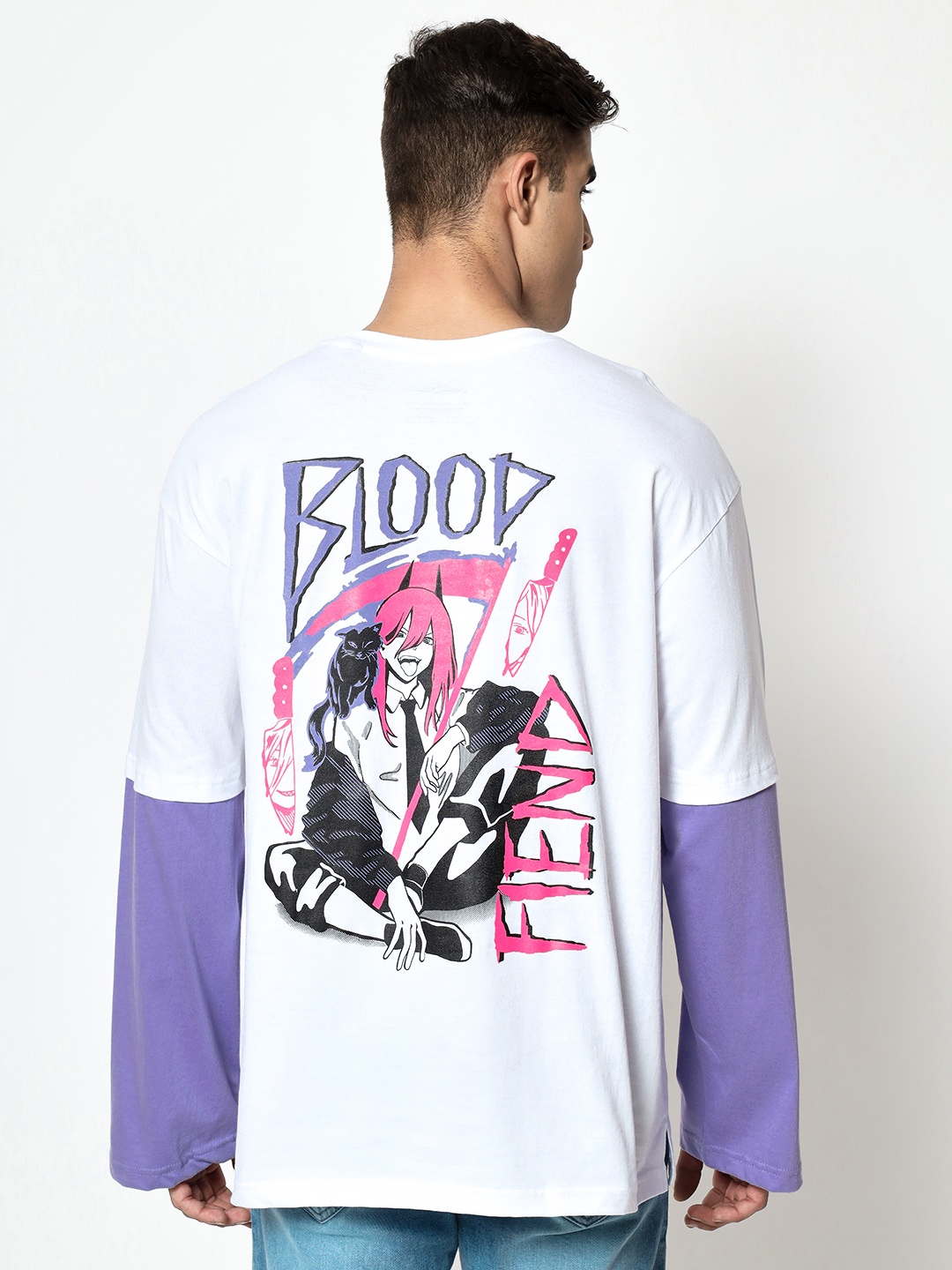 

COMICSENSE Men Anime Chainsaw Printed Cotton Oversized T-shirt, White