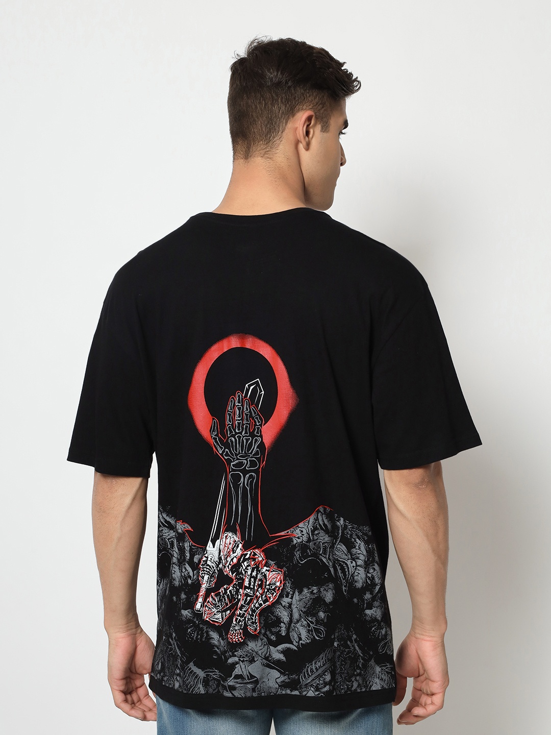 

COMICSENSE Anime Printed Drop-Shoulder Sleeves Bio Finish Oversized T-shirt, Black