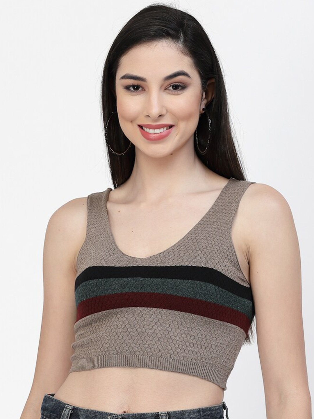 

Kalt Striped Cotton Fitted Crop Top, Brown