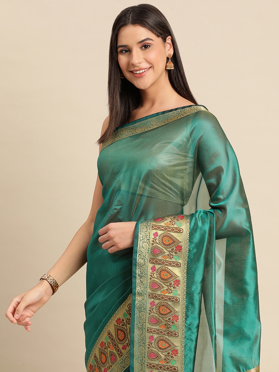 

Indian Women Zari Silk Cotton Saree, Sea green