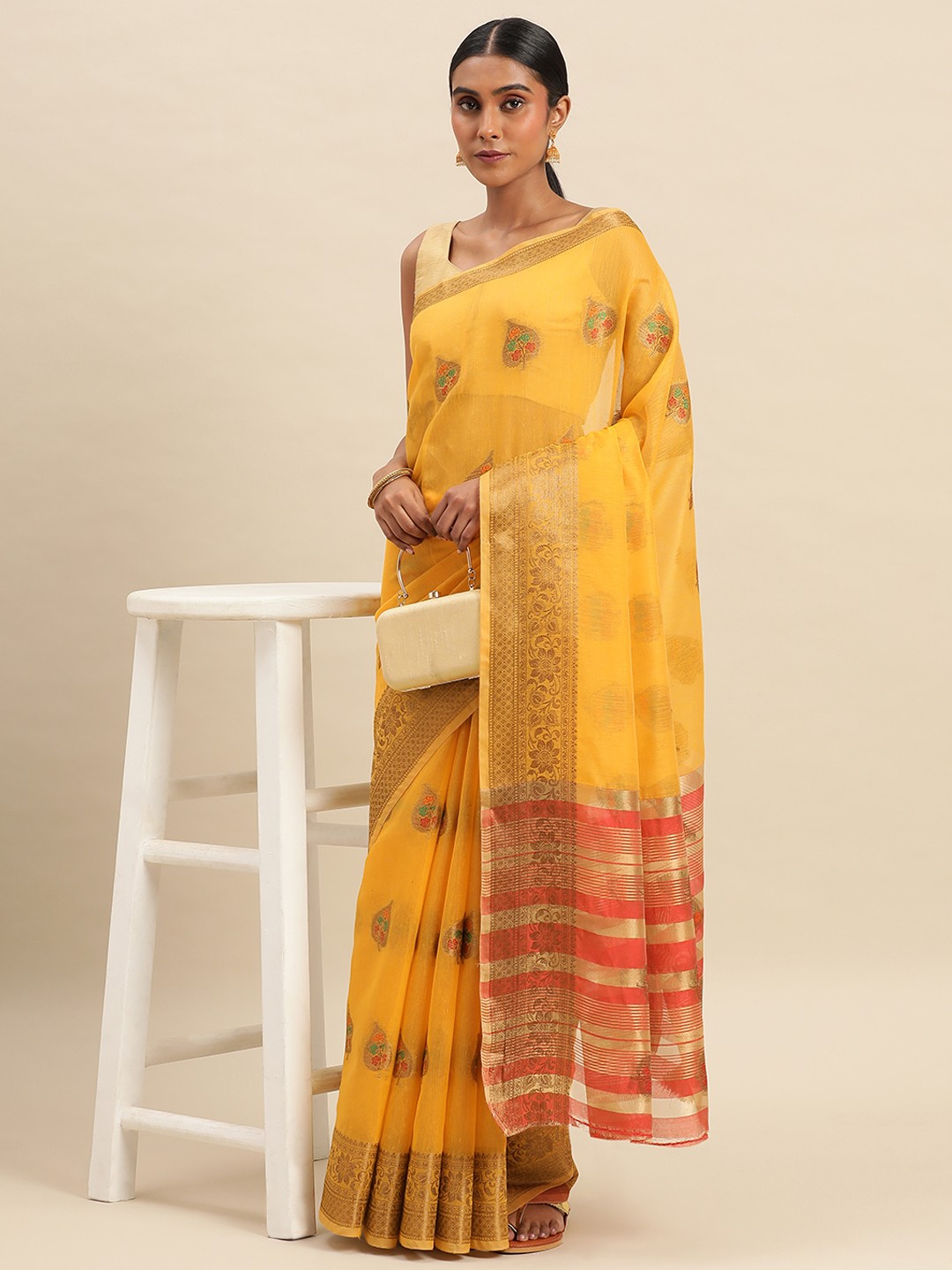 

Indian Women Floral Zari Saree, Yellow