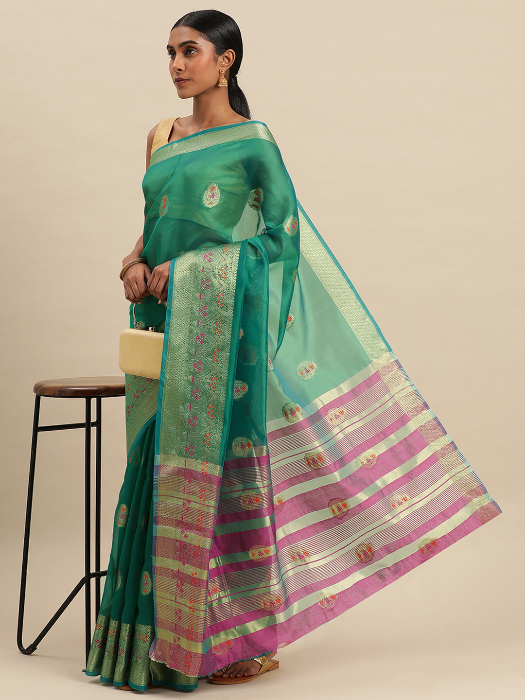 

Indian Women Ethnic Motifs Zari Organza Saree, Green