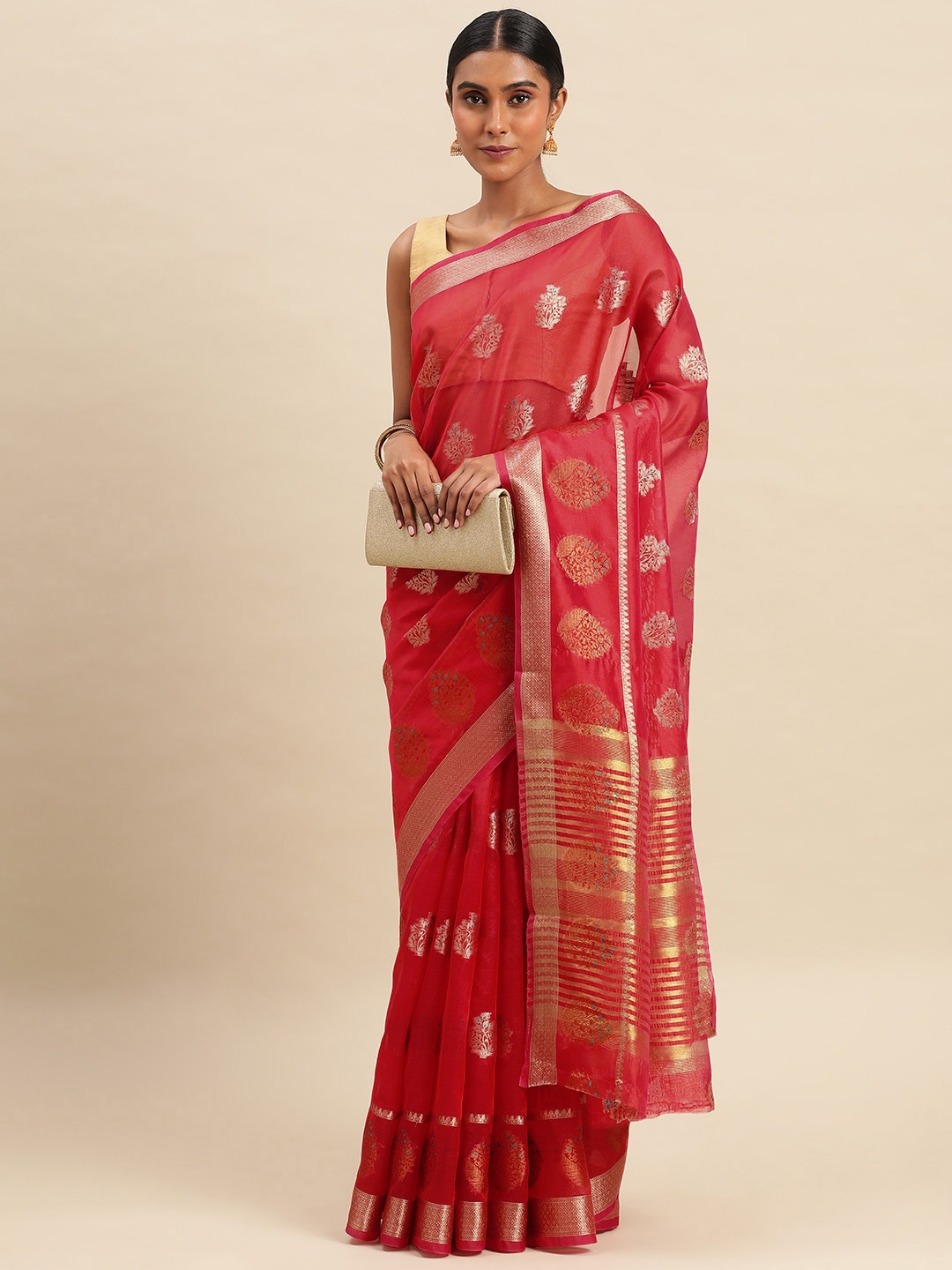 

Indian Women Ethnic Motifs Zari Organza Saree, Pink