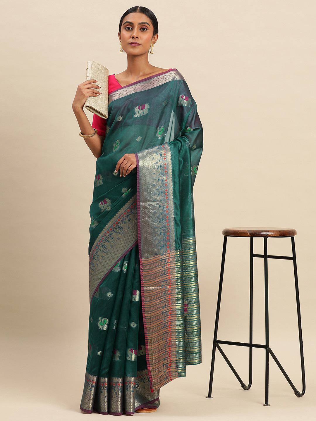

Indian Women Ethnic Motifs Zari Organza Saree, Green
