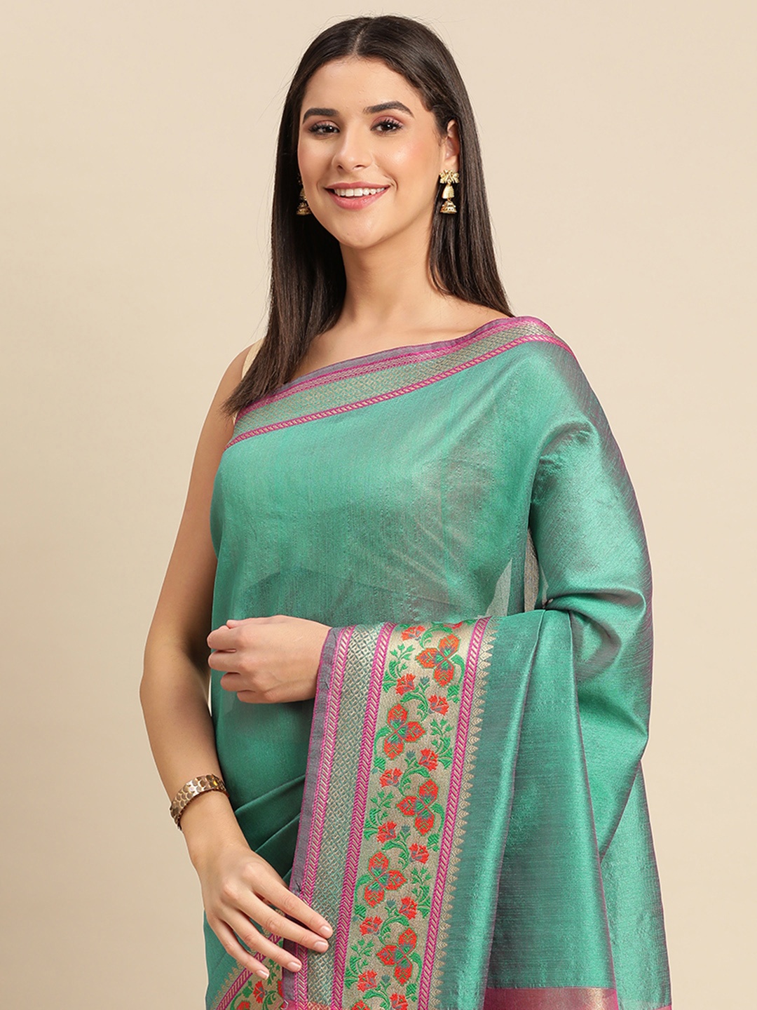 

Indian Women Zari Silk Cotton Saree, Green
