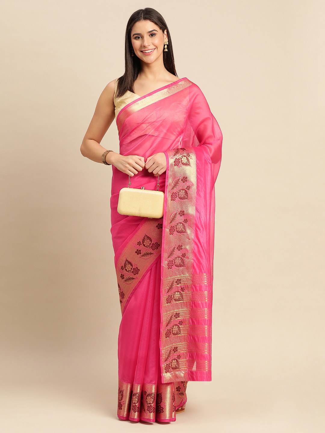 

Indian Women Zari Silk Cotton Saree, Pink