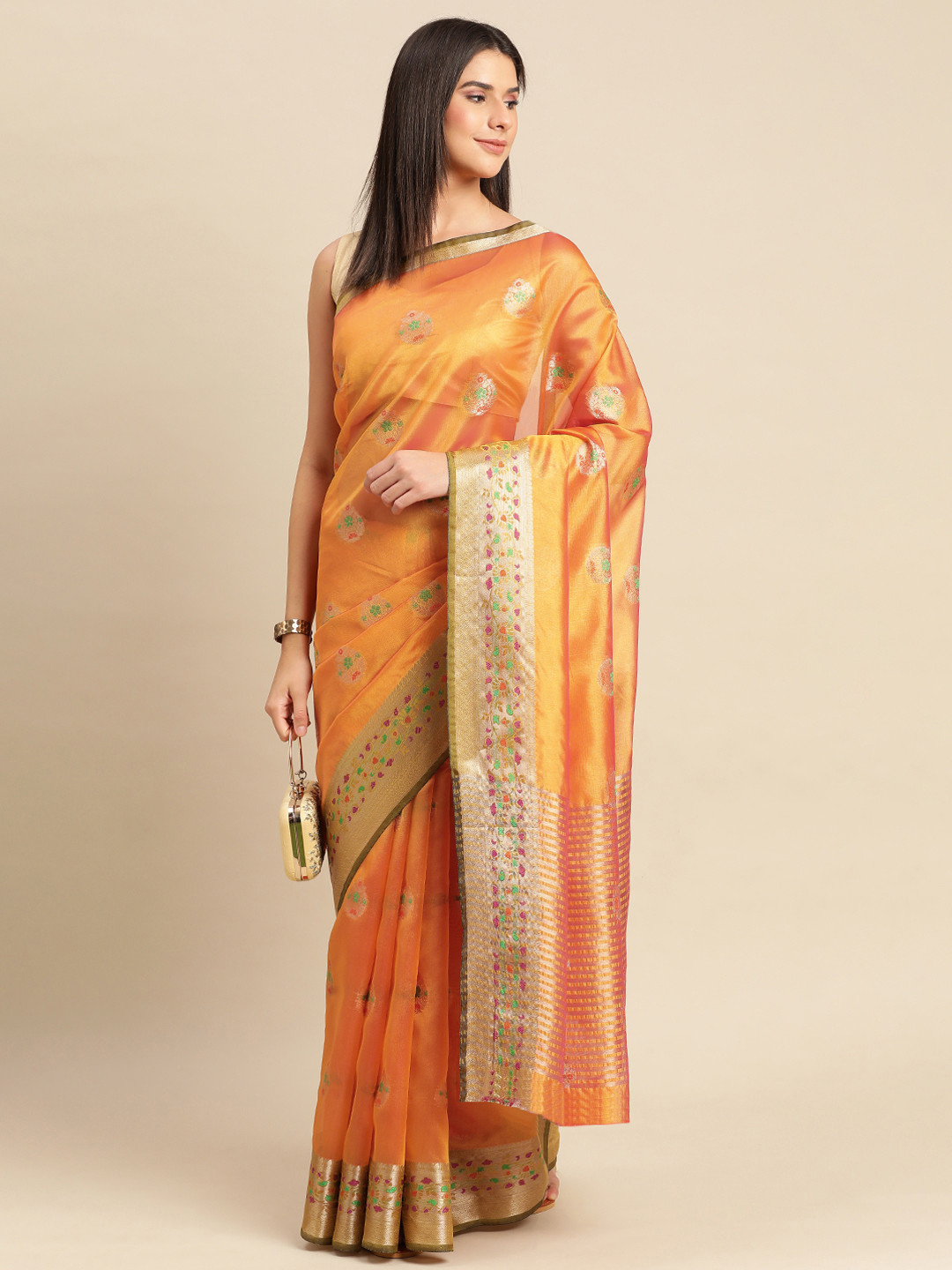 

Indian Women Ethnic Motifs Zari Organza Saree, Orange