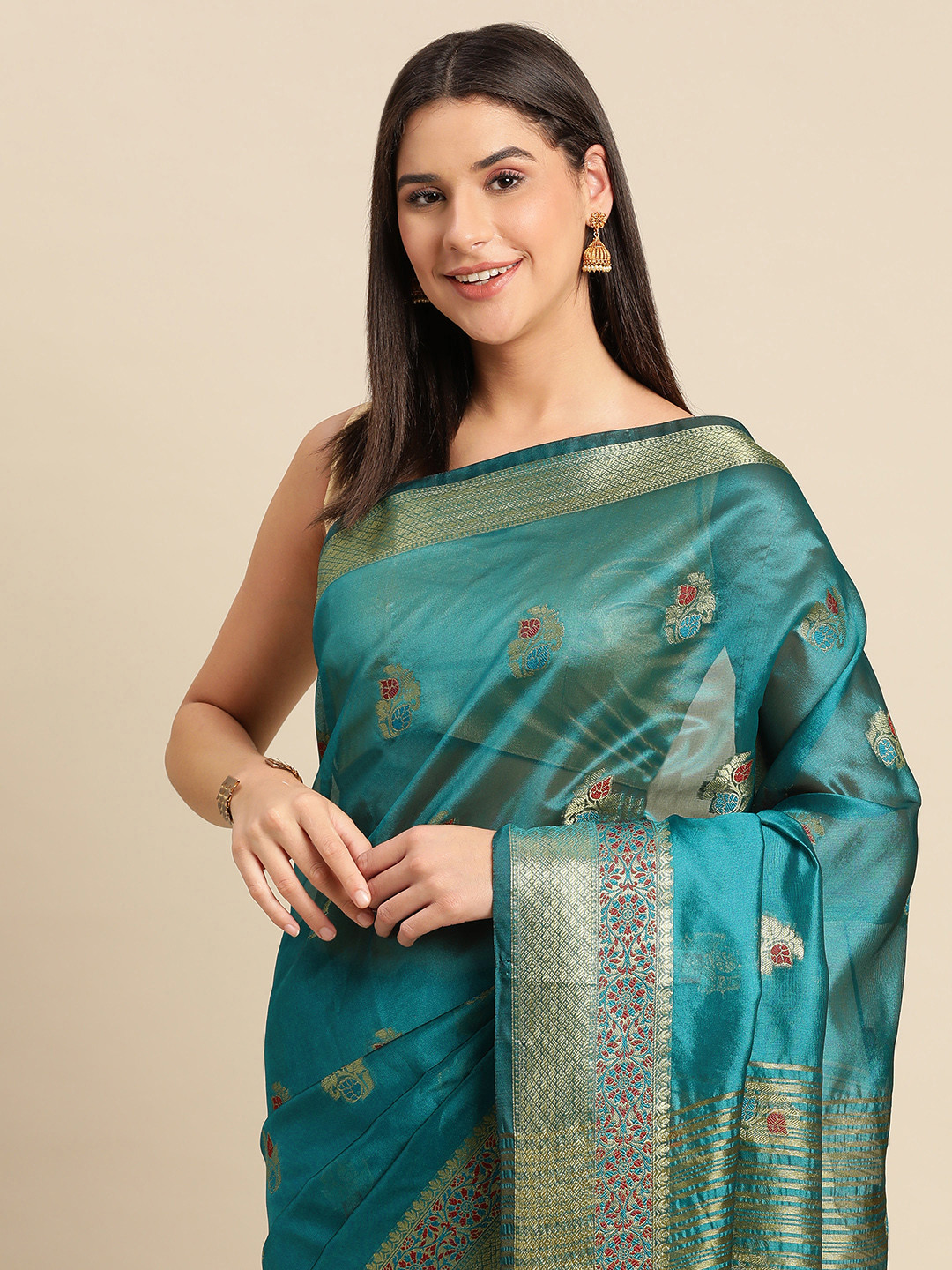 

Indian Women Ethnic Motifs Zari Organza Saree, Turquoise blue