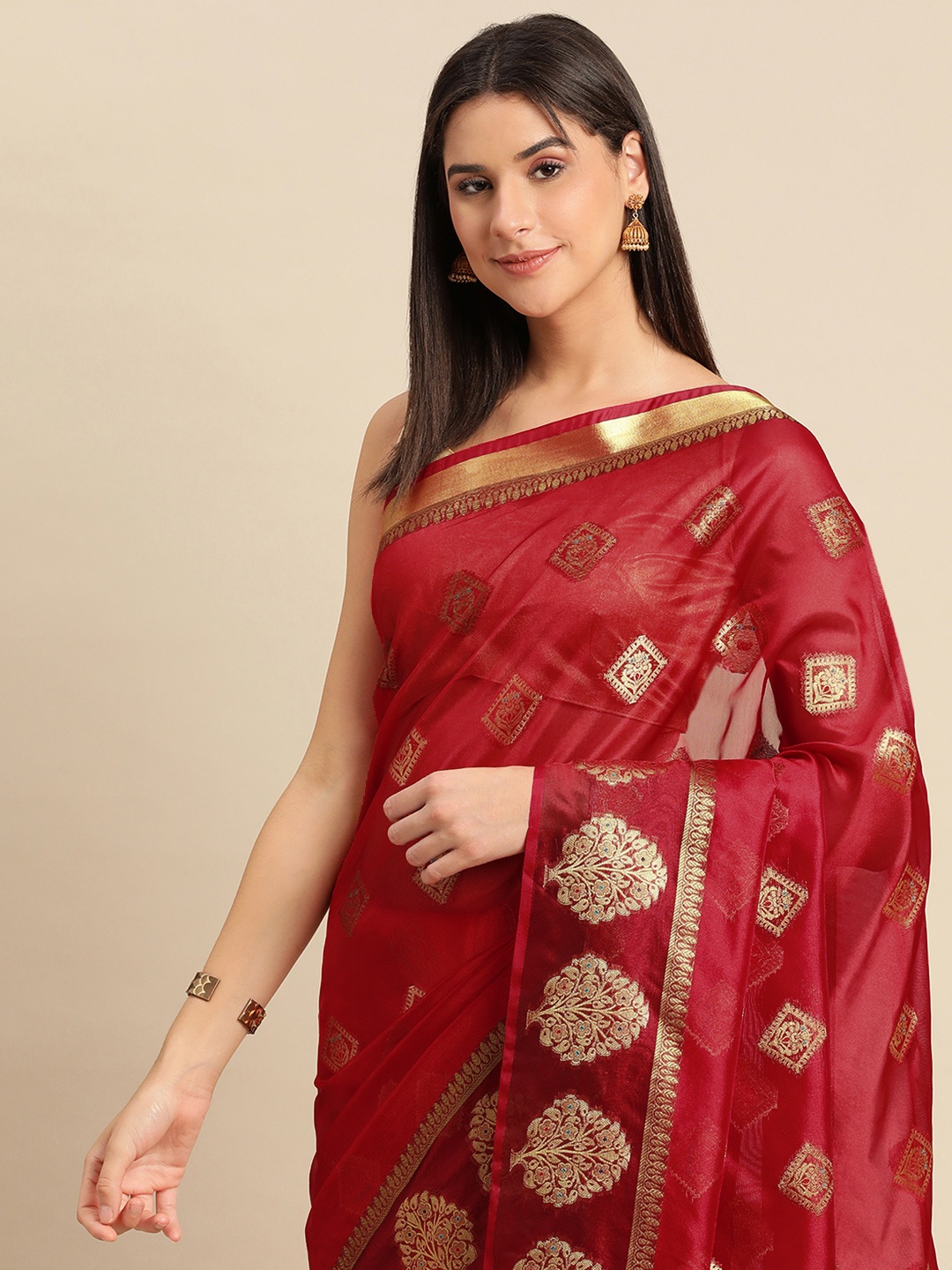 

Indian Women Ethnic Motifs Zari Organza Saree, Red