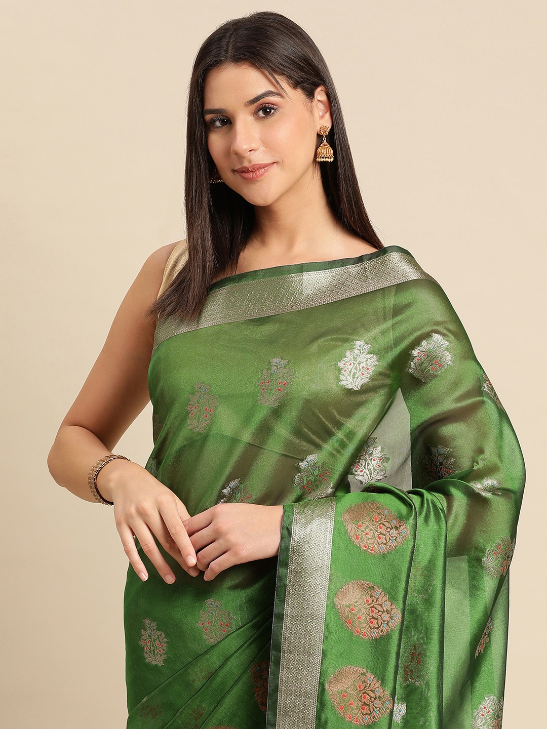 

Indian Women Ethnic Motifs Zari Organza Saree, Green