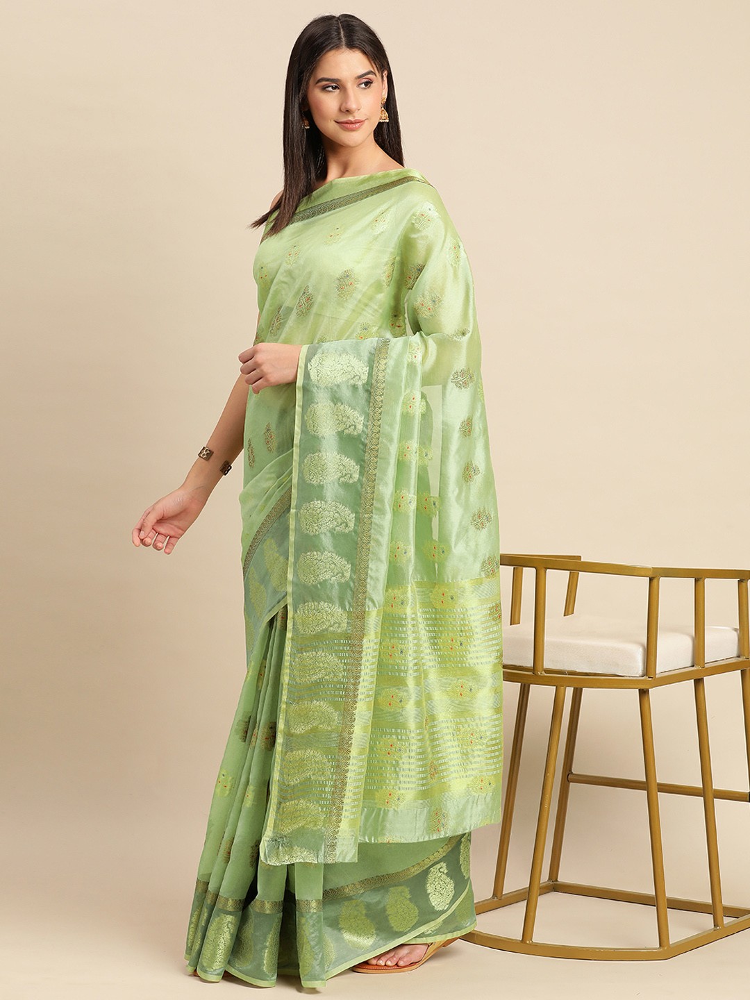 

Indian Women Ethnic Motifs Zari Organza Saree, Sea green