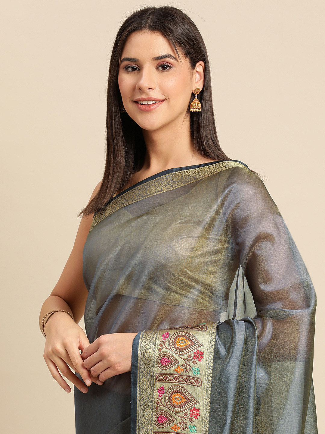 

Indian Women Zari Silk Cotton Saree, Grey