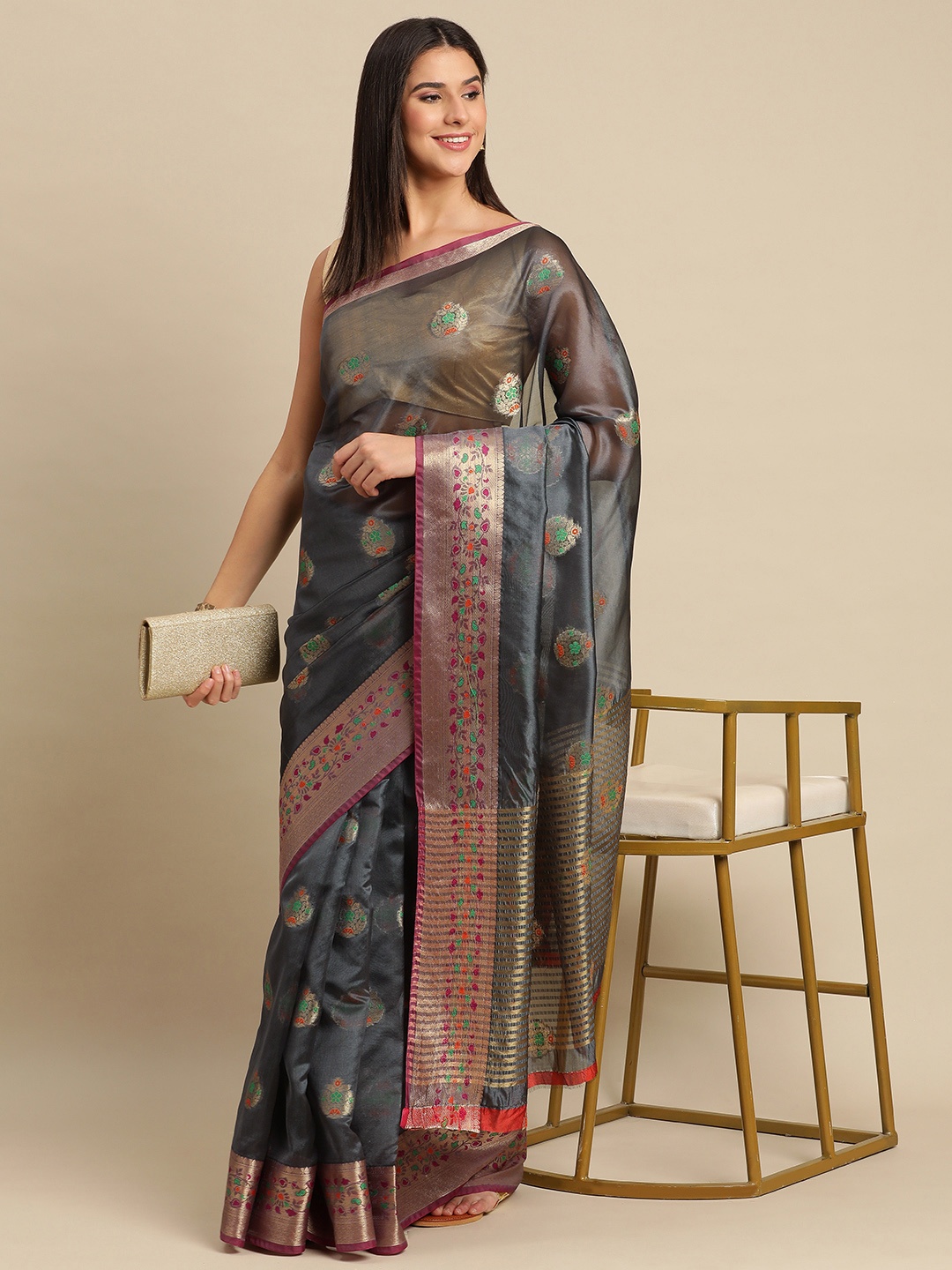 

Indian Women Ethnic Motifs Zari Organza Saree, Grey