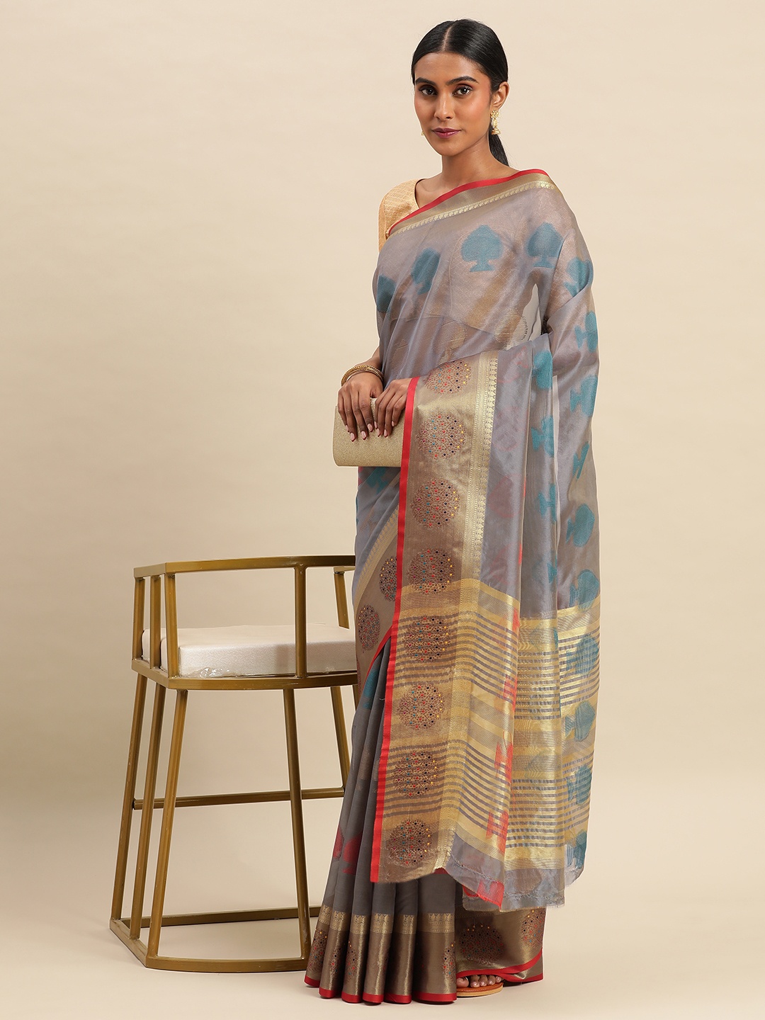 

Indian Women Ethnic Motifs Zari Organza Saree, Grey