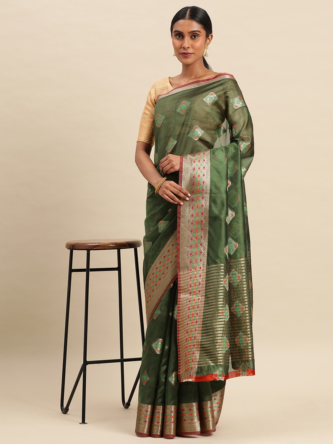 

Indian Women Floral Zari Organza Saree, Green