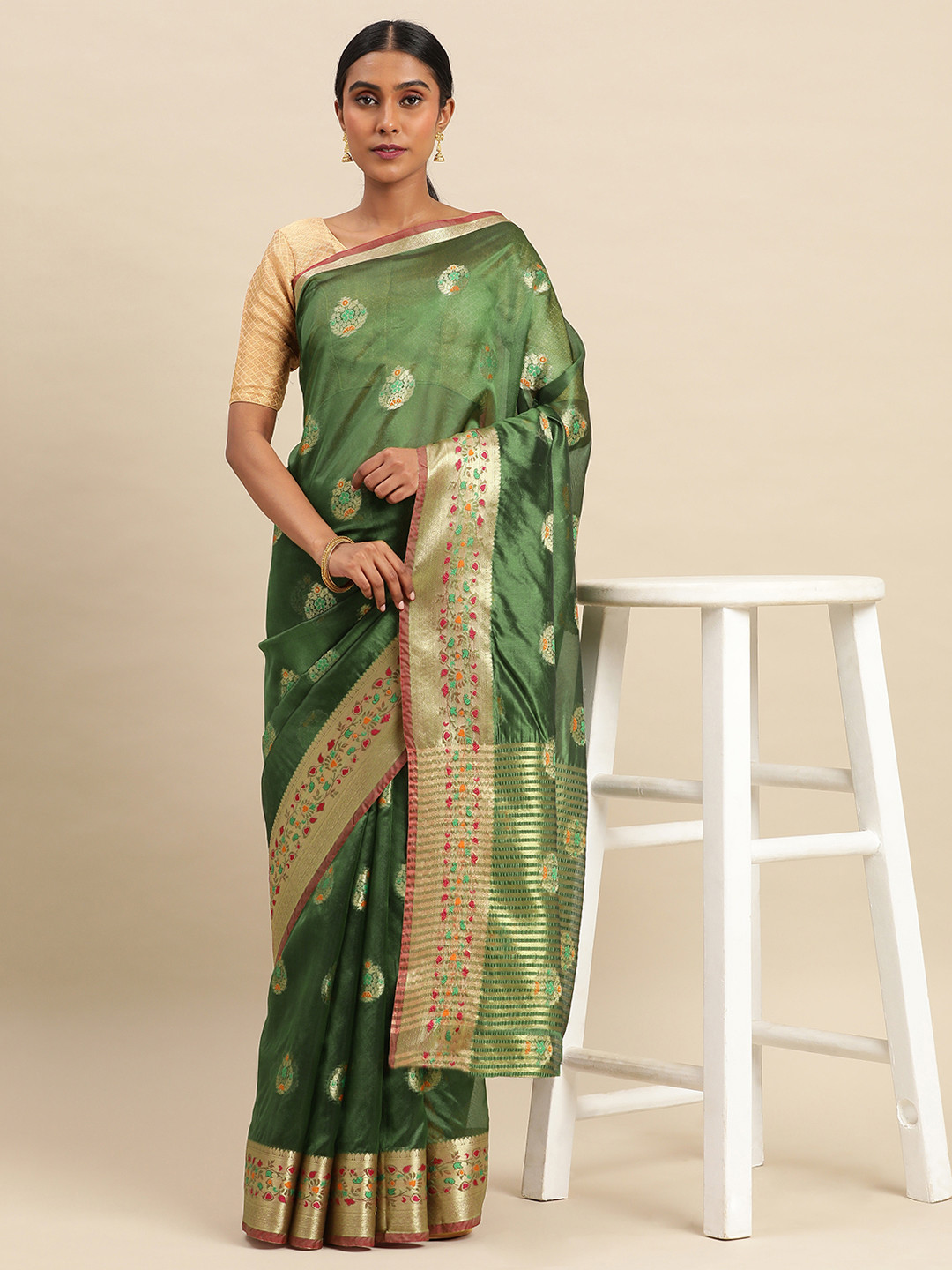 

Indian Women Floral Zari Organza Saree, Green