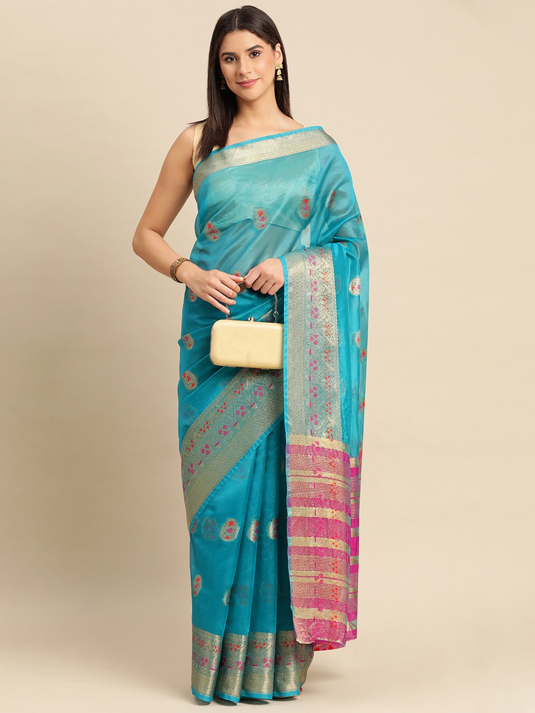 

Indian Women Ethnic Motifs Zari Organza Saree, Turquoise blue