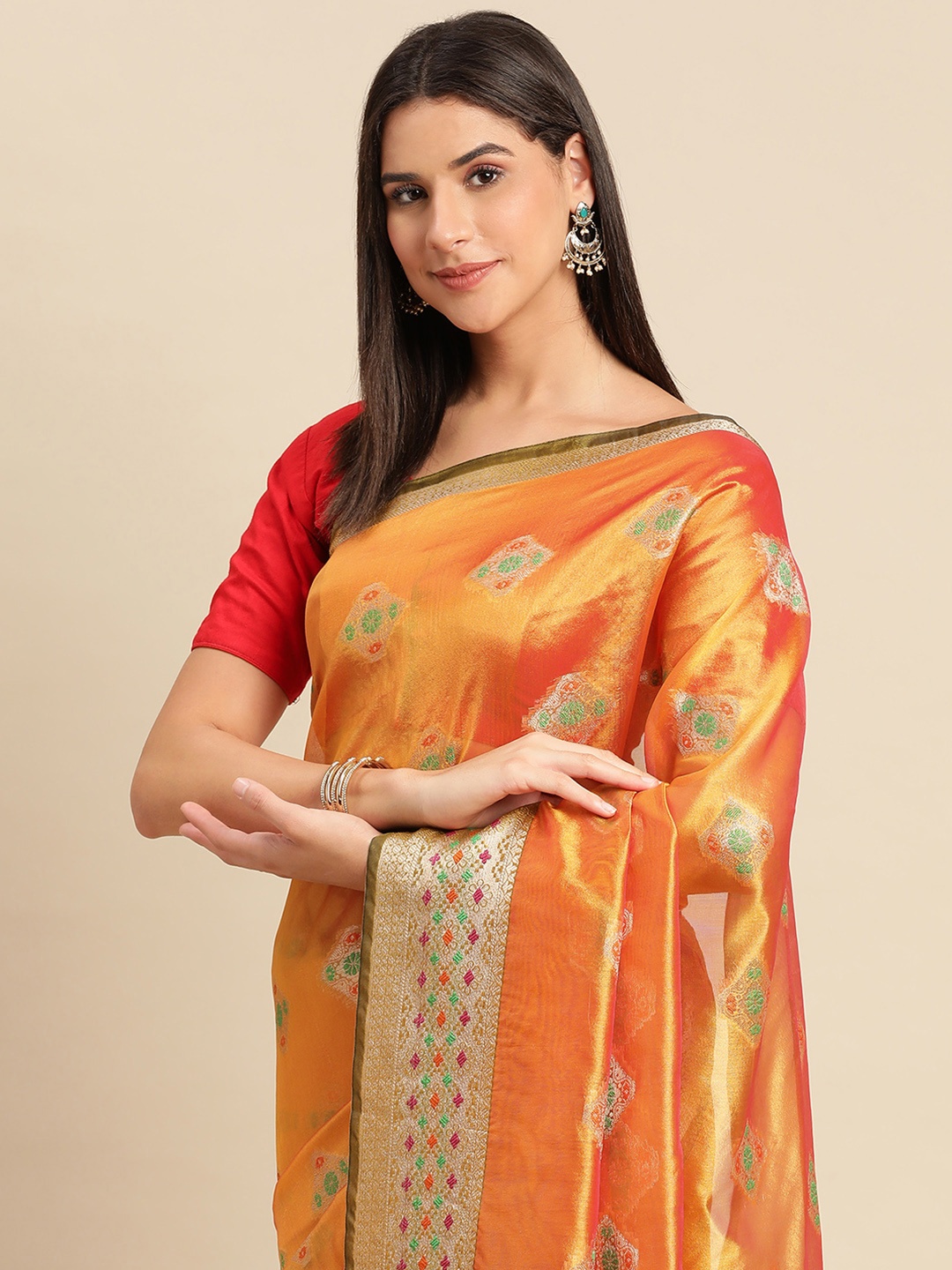 

Indian Women Ethnic Motifs Zari Organza Saree, Yellow