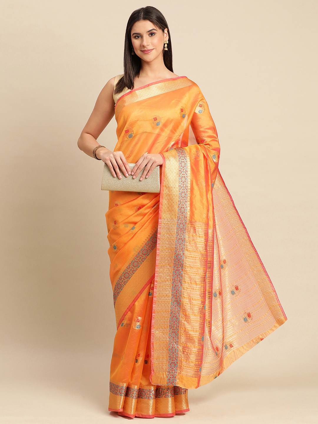 

Indian Women Ethnic Motifs Zari Organza Saree, Orange