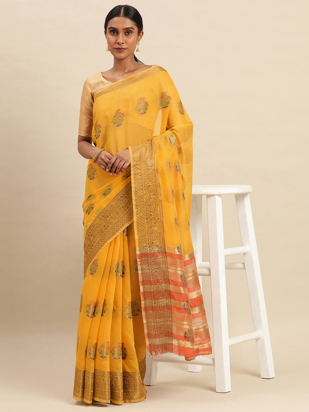 

Indian Women Ethnic Motifs Zari Silk Cotton Saree, Yellow