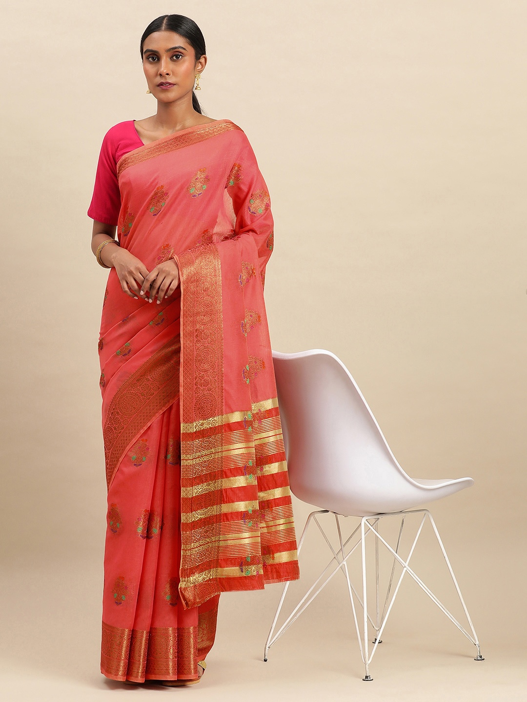 

Indian Women Ethnic Motifs Zari Silk Cotton Saree, Pink