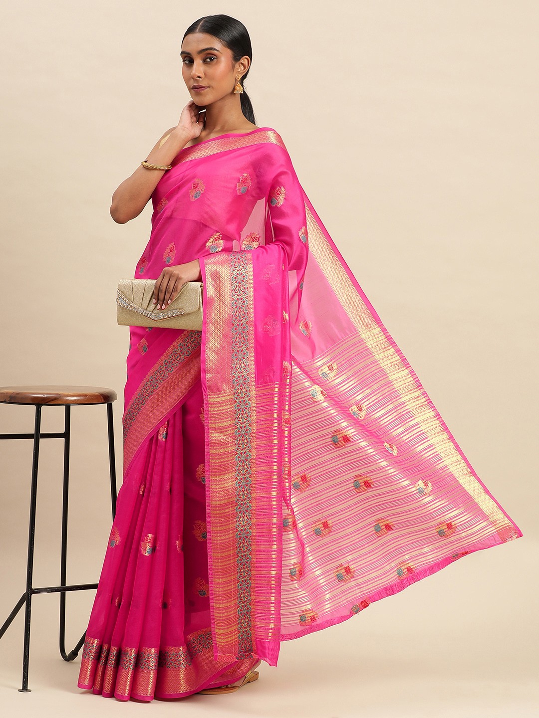

Indian Women Ethnic Motifs Zari Organza Saree, Pink